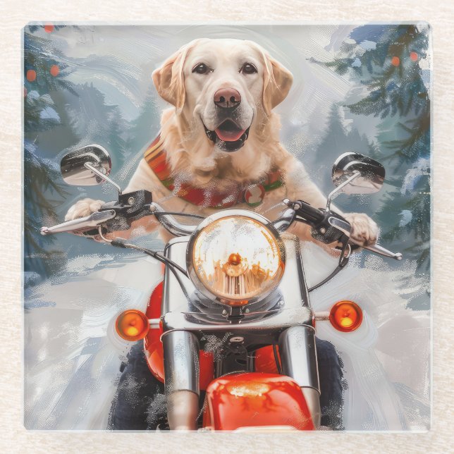 Dessous-de-verre En Verre Moto à chiens Labrador Noël (Devant)