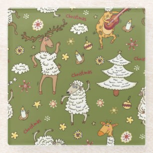 Dessous-de-verre En Verre Moutons de Noël : Illustration Vintage animale.