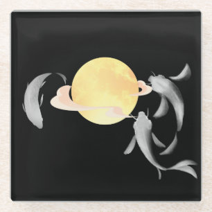 Dessous-de-verre En Verre Mystic Koi & Golden Moon - Elegant japonais Zen Ar