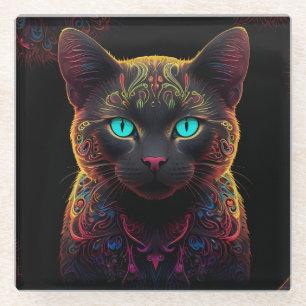 Dessous-de-verre En Verre Mystic Neon Mandala Chat Psychedelic Feline Imagin