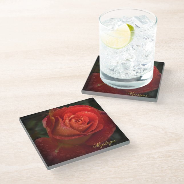 Dessous-de-verre En Verre Mystique Dark Botanical Red Orange Rose Coaster (Incliné)
