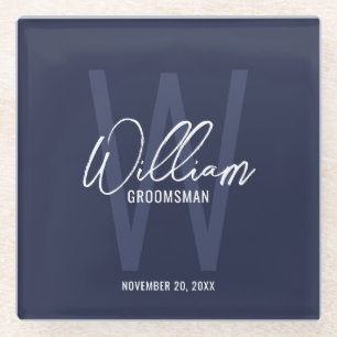 Dessous-de-verre En Verre Navy Blue Script Nom du Groomsman personnalisé