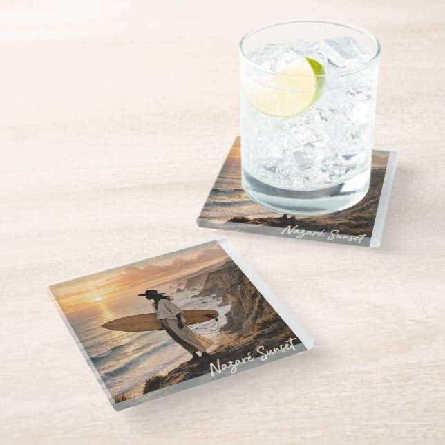 Dessous-de-verre En Verre Nazaré Sunset Surf Coaster – Portugal Coastal Phot (Incliné)