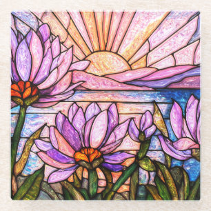 Dessous-de-verre En Verre Nénuphar Violet Faux Vitrail Solaire Éclaté