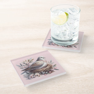 Dessous-de-verre En Verre Nid de colombe rose avec fleurs et branches d'oliv