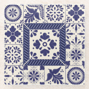 Dessous-de-verre En Verre Nile Blue Mexicain Traditionnel Oiseaux Talavera 