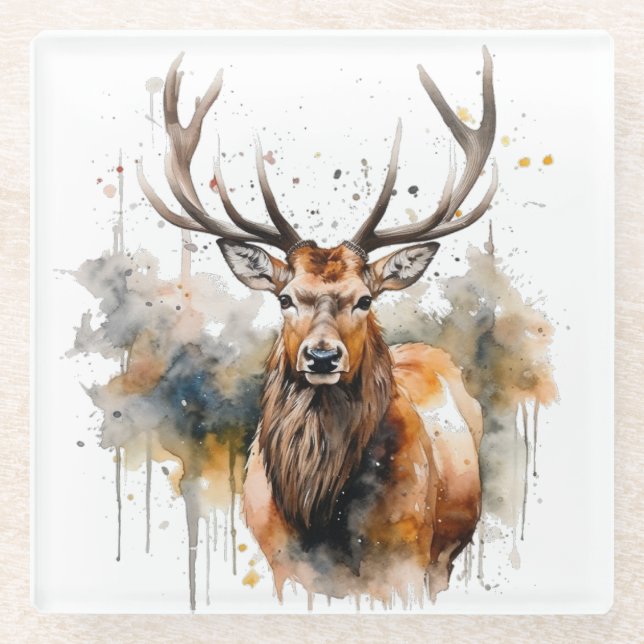 Dessous-de-verre En Verre Noble Antlers : Bois Elk Aquarelle Art (Devant)
