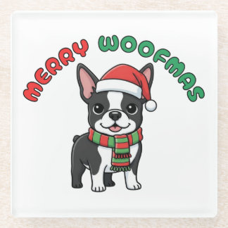 Dessous-de-verre En Verre Noël Boston Terrier Dessous de verre : Joyeux Woof