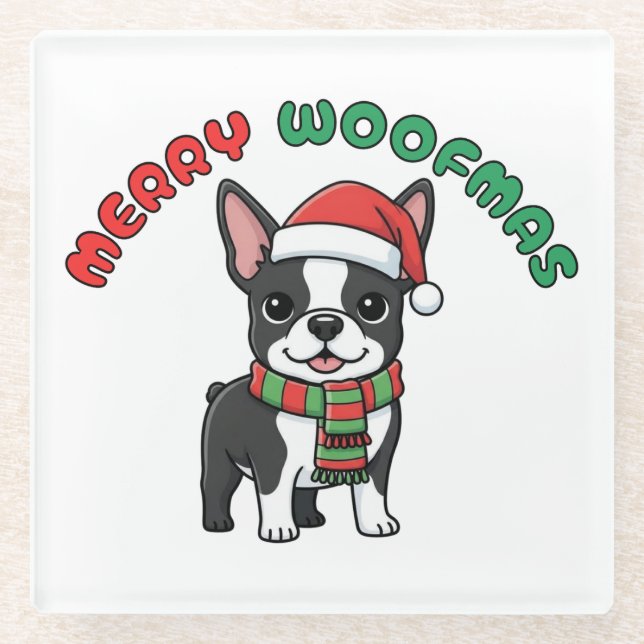 Dessous-de-verre En Verre Noël Boston Terrier Dessous de verre : Joyeux Woof (Devant)