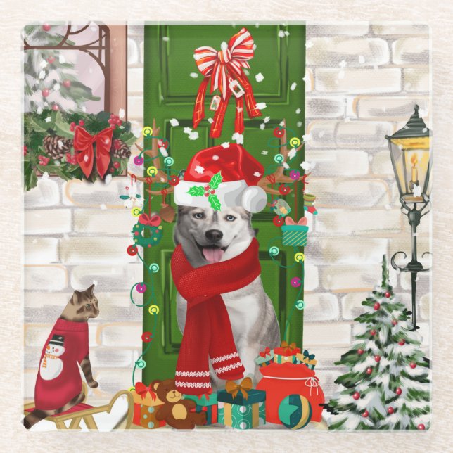 Dessous-de-verre En Verre Noël de Chien Husky Sibérien (Devant)
