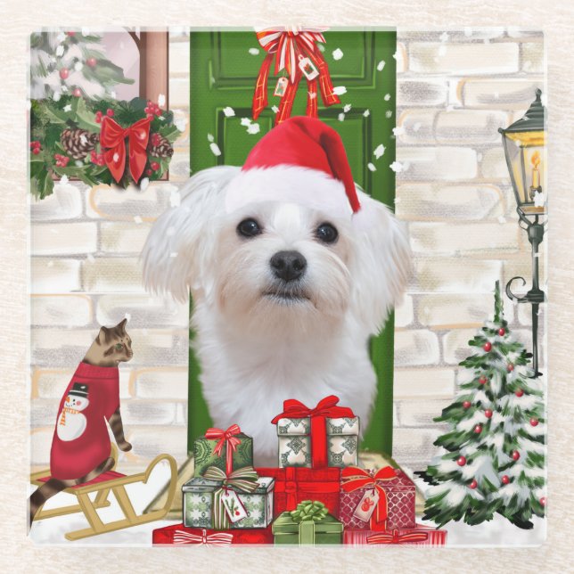 Dessous-de-verre En Verre Noël de chien maltais (Devant)