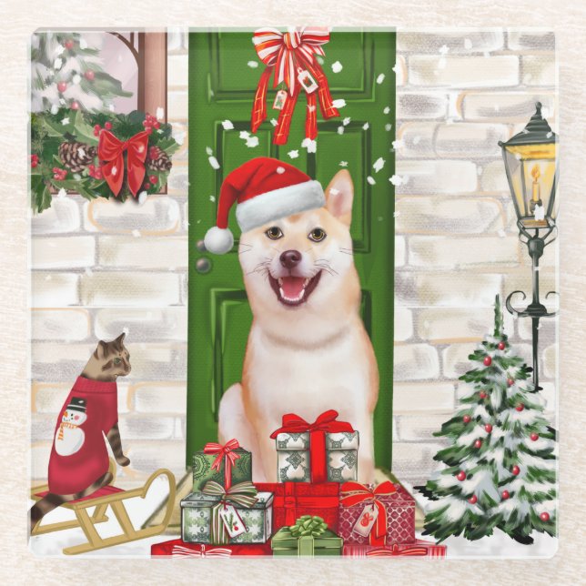 Dessous-de-verre En Verre Noël de Chien Shiba Inu (Devant)