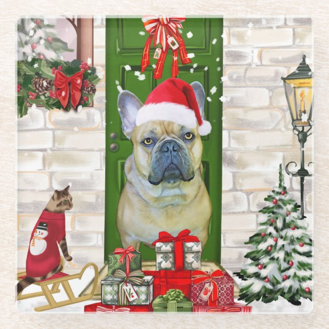 Dessous-de-verre En Verre Noël des Bulldog français (Devant)
