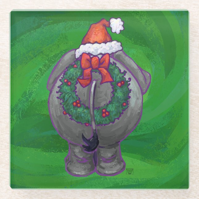 Dessous-de-verre En Verre Noël Eléphant Sur Vert (Devant)