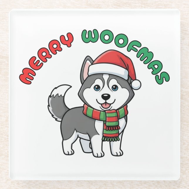 Dessous-de-verre En Verre Noël Husky Dessous de verre : Joyeux Woofmas (Devant)