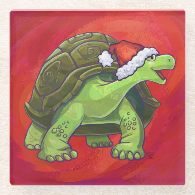 Dessous-de-verre En Verre Noël Tortue Sur Rouge (Devant)