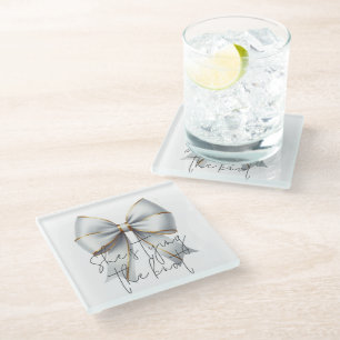 Dessous-de-verre En Verre Noeud d'amour Shower de mariage ruban doré et blan