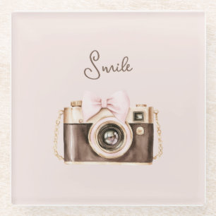 Dessous-de-verre En Verre Nœud Rose Marron Appareil Photo Sourire