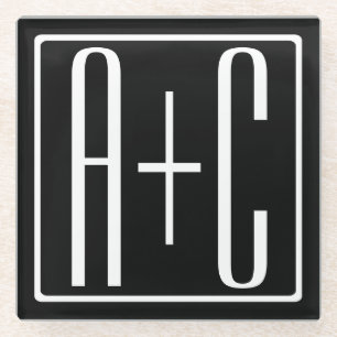 Dessous-de-verre En Verre Noir & Blanc Initiales de couple