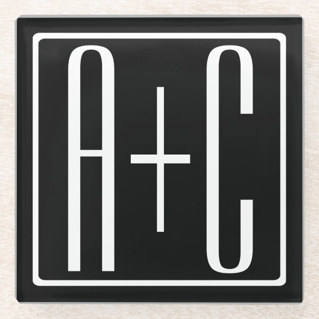 Dessous-de-verre En Verre Noir & Blanc | Initiales de couple (Devant)