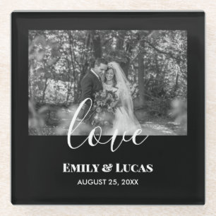 Dessous-de-verre En Verre Noir Blanc Personnalisé Mariage Photo Simple Éléga