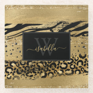 Dessous-de-verre En Verre Noir Or Monogramme Script Nom initial