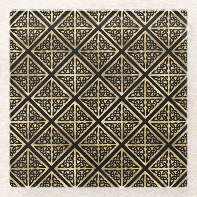 DESSOUS-DE-VERRE EN VERRE NOIR & OR ROUGE CELTIQUE IRLANDAIS NOTES & CROSSES (Devant)