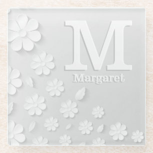 Dessous-de-verre En Verre Nom à relief floral blanc initiales personnalisées