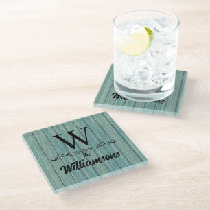 Dessous-de-verre En Verre Nom de famille Monogram Rustic Blue Wood