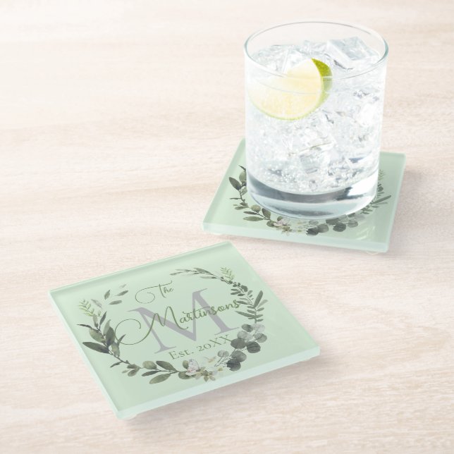 Dessous-de-verre En Verre Nom de famille Monogramme Aquarelle Botanique (Incliné)