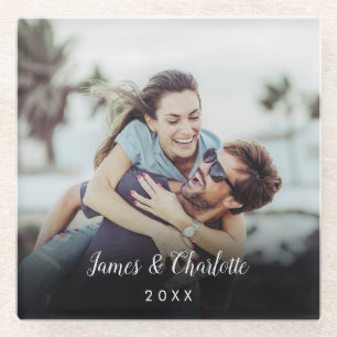 Dessous-de-verre En Verre Nom de script photo personnalisé minimaliste Date