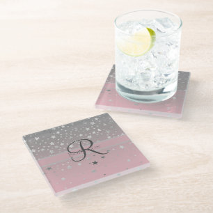 Dessous-de-verre En Verre Nom Monogramme Rose Gris Argent Étoiles Tendance