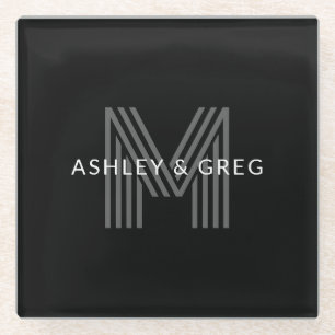Dessous-de-verre En Verre Nom rétro moderne modifiable monogramme noir et gr