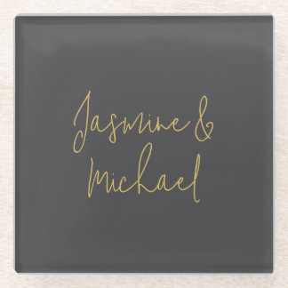 Dessous-de-verre En Verre Noms de Couple Calligraphie Chic et Élégante Gris 
