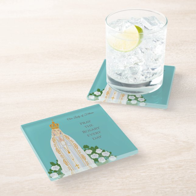 Dessous-de-verre En Verre Notre-Dame de Fatima et roses blanches (Incliné)