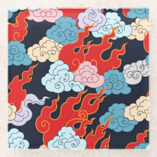 Dessous-de-verre En Verre Nuages, flammes : Motif Vintage noir.