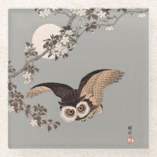 Dessous-de-verre En Verre Nuit Japonaise Chouette Lune Bois Coupe Flying Nig