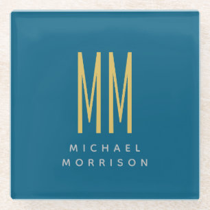 Dessous-de-verre En Verre Ocean Blue Gold Monogramme Lettres initiales Nom