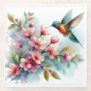 Dessous-de-verre En Verre OEuvre florale/printanière de colibri