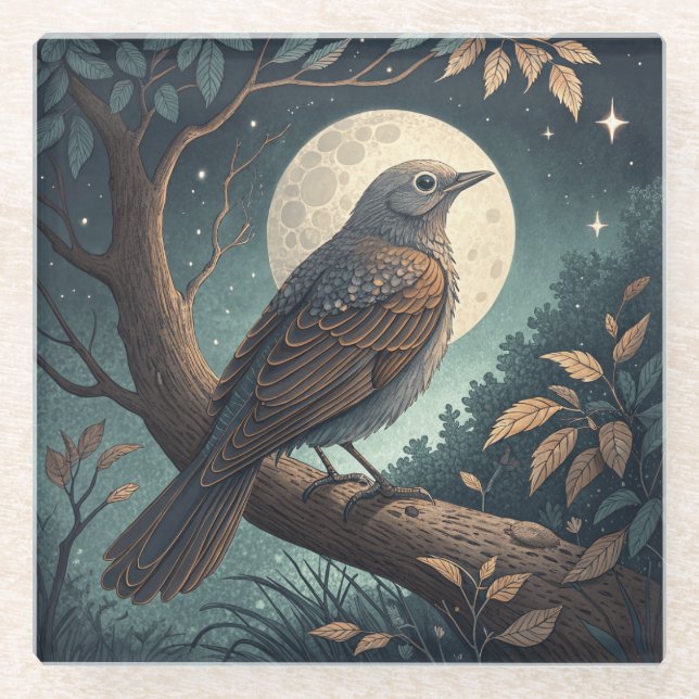 Dessous-de-verre En Verre Oiseau Dans L'Arbre (Devant)