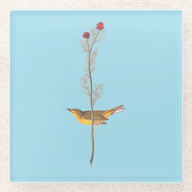 Dessous-de-verre En Verre Oiseau de Paruline à capuchon Audubon sur Fleur ro (Devant)