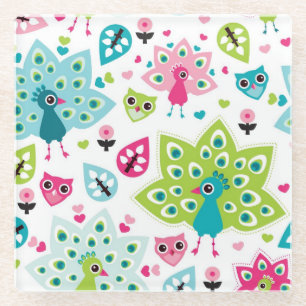 Dessous-de-verre En Verre oiseau et hibou de paon