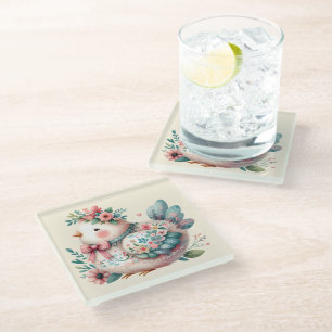 Dessous-de-verre En Verre Oiseau folklorique floral au charme bohème pastel