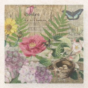 Dessous-de-verre En Verre Oiseau Nid Floral Jardin Fleur Papillon Art