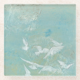 Dessous-de-verre En Verre Oiseaux blancs volant par le ciel bleu