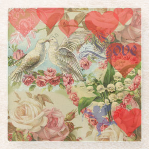 Dessous-de-verre En Verre Oiseaux de l'amour Vintage Antique Cœur