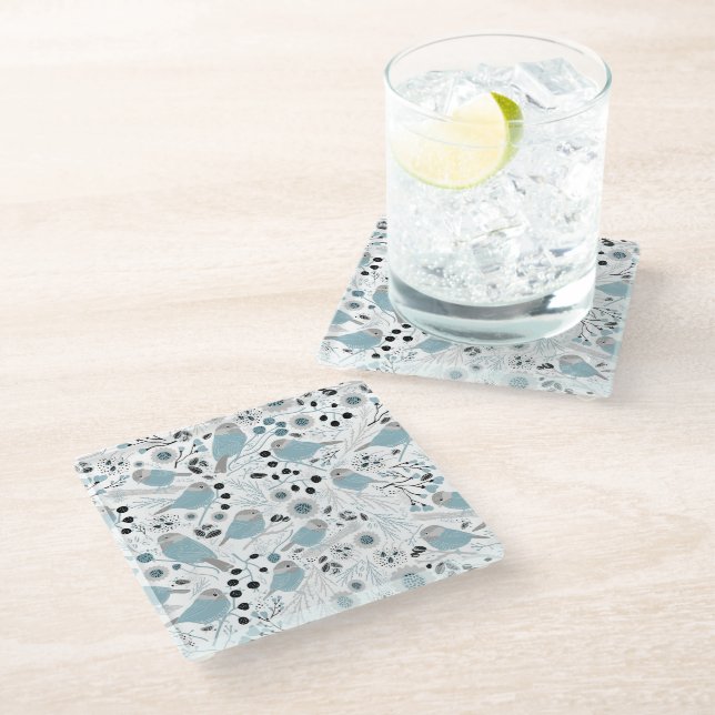 Dessous-de-verre En Verre Oiseaux de poulet Fleurs gris bleu mignonnes Berri (Incliné)