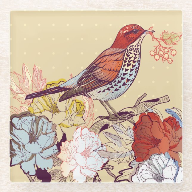 Dessous-de-verre En Verre Oiseaux et fleurs (Devant)