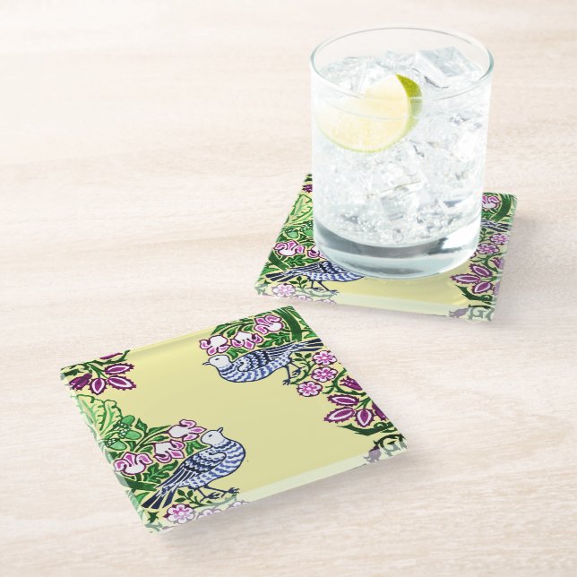 Dessous-de-verre En Verre Oiseaux folkloriques Fleurs Acorns (Incliné)