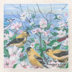 Dessous-de-verre En Verre Oiseaux modernes Jaune et Noir Printemps